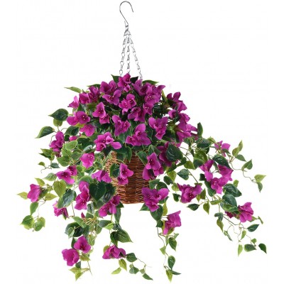 INQCMY Artificial Flowers Hanging Basket with Bougainvillea Silk Vine Flowers for Patio Lawn Garden Decor,Fake Flower Centerpieces Artificial Hanging Plant in Ivy Basket for Outdoor IndoorPurple
