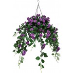 INXUGAO Artificial Hanging Flower in Basket for Outdoor Indoor Fake Silk Flower with 12 inch Coconut Lining Hanging Basket Artificial Roses Vine Flower for Courtyard Lawn Garden Decor Purple