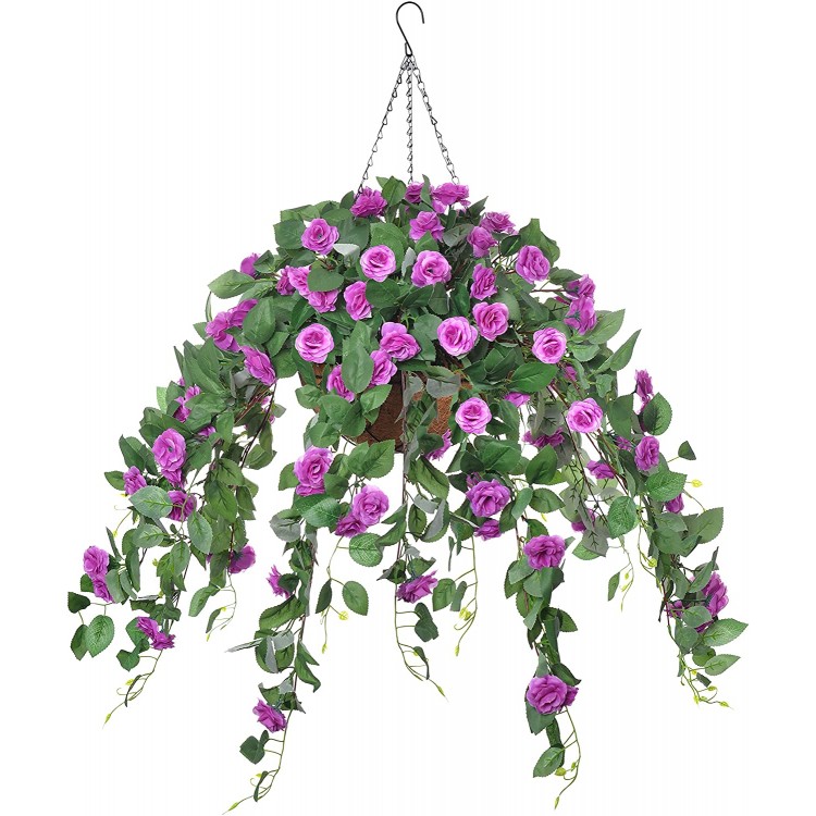 INXUGAO Artificial Hanging Flower in Basket for Outdoor Indoor Fake Silk Flower with 12 inch Coconut Lining Hanging Basket Artificial Roses Vine Flower for Courtyard Lawn Garden Decor Purple
