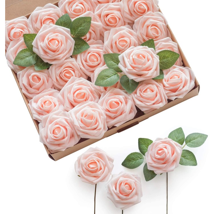 Ling's moment Artificial Flowers Blush Roses 25pcs Real Looking Fake Roses w Stem for DIY Wedding Bouquets Centerpieces Bridal Shower Party Home Decorations