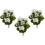 Nearly Natural Geranium Artificial Bush UV Resistant Set of 3 Indoor Outdoor,White,15"Dx15"Wx19"H
