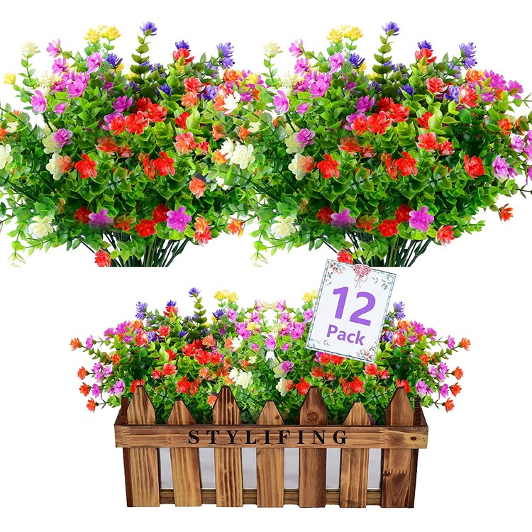 STYLIFING 12 Bundles Artificial Flowers for Outdoor UV Resistant Fake Flowers for Decoration Indoor No Fade Faux Plastic Hanging Plants Wedding Farmhouse Garden Porch Window Décor