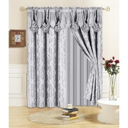 All American Collection New 4 Piece Drape Set with Attached Valance and Sheer with 2 Tie Backs Included 84" Length Grey
