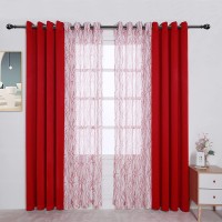 BONZER Mix and Match Curtains 2 Pieces Branch Print Sheer Curtains and 2 Pieces Blackout Curtains for Bedroom Living Room Grommet Window Drapes 54x120 Inch Panel Red Set of 4 Panels