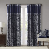 Madison Park Aubrey Faux Silk Paisley Jacquard Rod Pocket Curtain with Privacy Lining for Living Room Kitchen Bedroom and Dorm 50 in x 108 in Navy