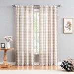 Treatmentex Buffalo Check Curtains 84inch Farmhouse Pom Pom Curtain Drapes for Living Room Vintage Gingham Plaid Semi Sheer Tan Window Curtains for Bedroom Kitchen 2 Panels Rod Pocket Taupe and White