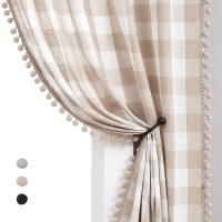 Treatmentex Buffalo Check Curtains 84inch Farmhouse Pom Pom Curtain Drapes for Living Room Vintage Gingham Plaid Semi Sheer Tan Window Curtains for Bedroom Kitchen 2 Panels Rod Pocket Taupe and White
