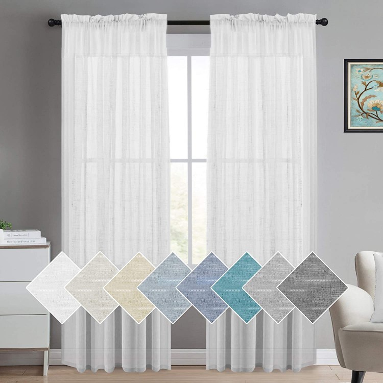 Turquoize White Linen Sheer Curtains Natural Linen Semi Sheer Curtains White 96 Inches Long Light Filtering Burlap Curtains 2 Panels Rod Pocket Window Treatments Panels Drapes Privacy Assured White