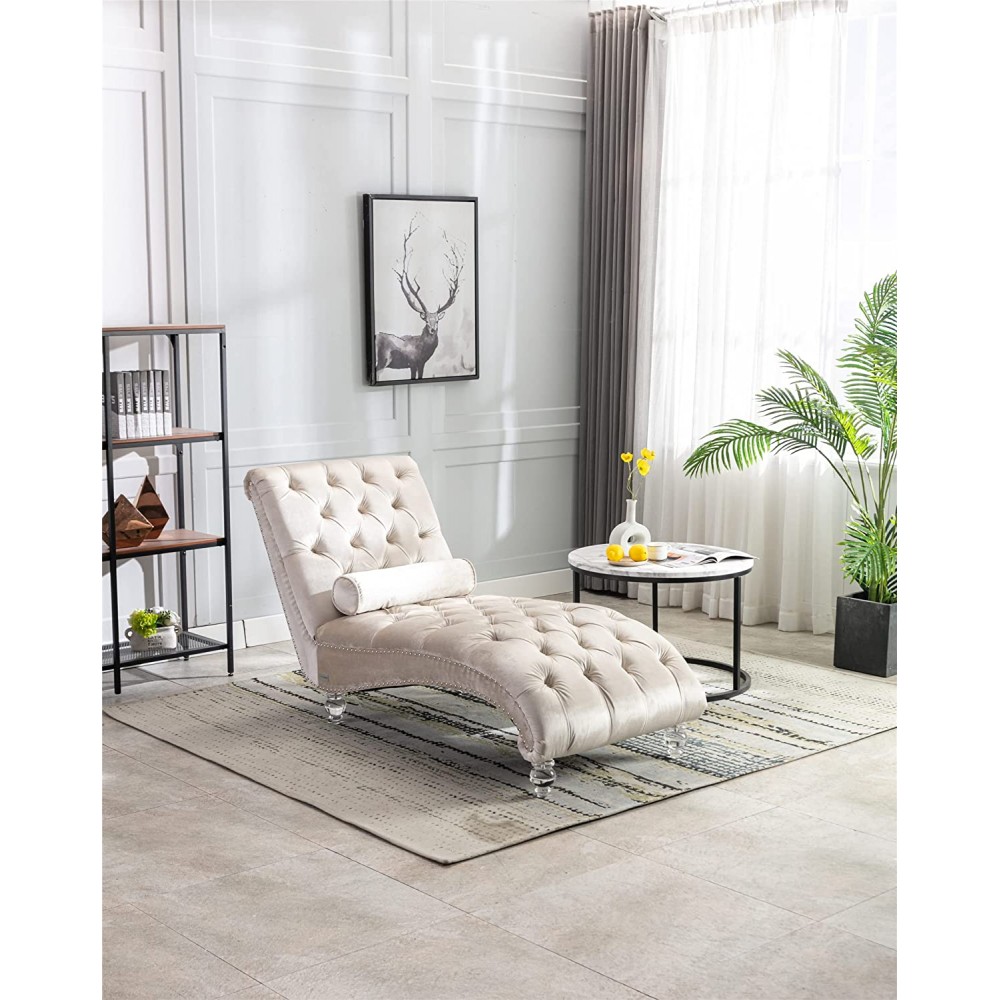 Accent Velvet Chaise Lounge Chair with Acrylic Feet Concubine Sofa with Headrest Pillow and Nailhead Trim for Living Room Bedroom Apartment Office Beige