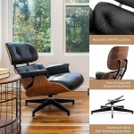 Mid Century Chaise Lounge Chair with Ottoman Nappa Leather Fraxinus Wood Modern Accent Chair Classic Design Heavy Duty Base Support for Bedroom Indoor Set