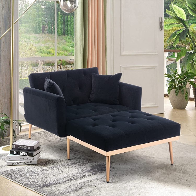 Modern Chaise Lounge Chair with 2 Pillows Velvet Tufted Upholstered Fabric Chaise Chair w Armrest and Adjustable Reclining Backrest Single Futon Sleeper Sofa for Living Room Bedroom Small Space