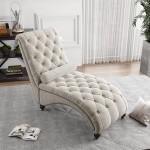 Soft 68” Linen Button Tufted Chaise Lounge Chair Indoor Leisure Chair Rest Sofa Couch with 1 Bolster Pillow,Wooden Frame,Nailhead Trim,Indoor Living Room Furniture Easy to Assemble Color : White