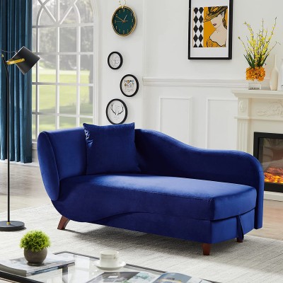 Storage Chaise Lounge Indoor Modern Upholstered Velvet Chaise with Tufted Cushion Sofa Recliner Lounge Chair with Adjustable Armrest and 2 Pillows for Bedroom Living Room Office Blue