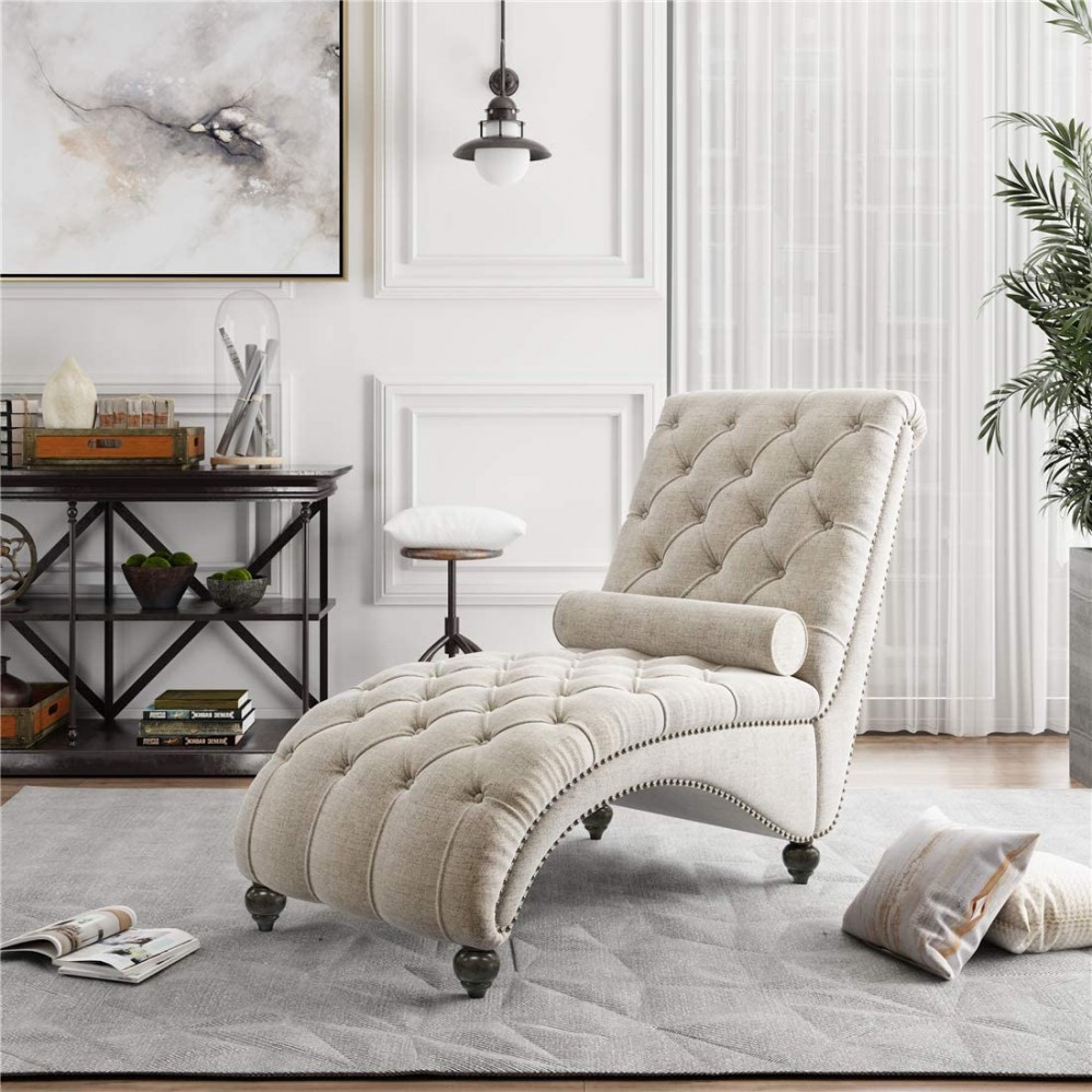 Tufted Chaise Lounge Upholstered Chair Leisure Sofa Couch with One Bolster Pillow and Nailhead Trim Indoor Furniture
