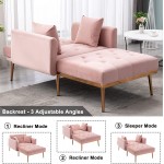 Velvet Chaise Lounge Indoor with 3 Reclining Angles Modern Sleeper Chair Bed for Living Room and Bedroom Convertible Lounge Chair with Solid Tapered Metal Legs Pink