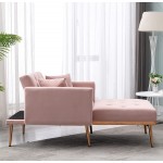 Velvet Chaise Lounge Indoor with 3 Reclining Angles Modern Sleeper Chair Bed for Living Room and Bedroom Convertible Lounge Chair with Solid Tapered Metal Legs Pink