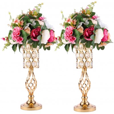 20in Metal Crystal Wedding Centerpiece Vases for Tables Set of 2 Gold Trumpet Flower Vase Stands for Wedding Party Reception Dining Room Living Room Décor