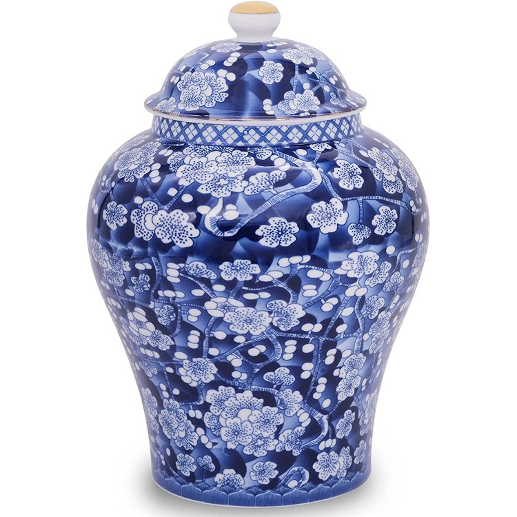 BALIOS Mandarin Blue and White Porcelain Plum Blossom Ginger Jar with Lid Decorative Ceramic Bud Vase for Home Décor Centerpiece Table Decoration Floral Arrangement Blue and White Plum Blossom