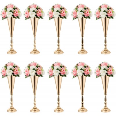 Gold Vase Centerpiece Table Decorations 10 Pcs Metal Tabletop Flower Stand Wedding Decorations for Reception 14in Trumpet Tall Flower Vase for Birthday Weddings Anniversary Home Decor
