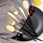 I00000 144 PCS Gold Plastic Silverware Disposable Flatware with Black Handle Gold Plastic Cutlery Includes: 48 Forks 48 Knives and 48 Spoons