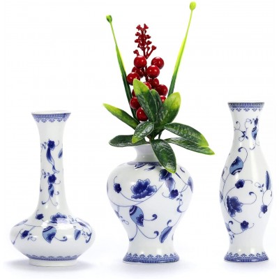 LoveCat Ceramic Vase Set 3 Small Blue & White Porcelain Vases Fambe Glaze Porcelain Vases Set of 3 Classic Ceramic Flower Vases for Home Table ,Bookshelf Cupboard Décor