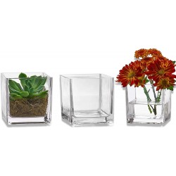 PARNOO Set of 3 Glass Square Vases 4 x 4 Inch – Clear Cube Shape Flower Vase Candle Holders Perfect as a Wedding Centerpieces Home Decoration