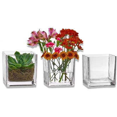 PARNOO Set of 3 Glass Square Vases 5 x 5 Inch – Clear Cube Shape Flower Vase Candle Holders Perfect as a Wedding Centerpieces Home Decoration