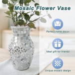 SHMILMH Silver Vase for Flowers Handmade Pearlescent Mosaic Glass Vases Small Rustic Boho Vase for Living Room Table Centerpiece 8 Inch