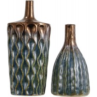 TERESA'S COLLECTIONS Ceramic Blue Vases Reactive Glazed Geometric Decorative Vases for Home Decor Mantel Table Living Room Decorations 12 inch Set of 2