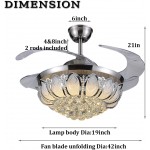 42 inch Modern Crystal Ceiling Fans Lights with Remote Retractable Crystal Chandelier Ceiling Fan Lights with Dimming LED Lighting for Dining Living Room Bedroom Silver