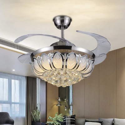 42 inch Modern Crystal Ceiling Fans Lights with Remote Retractable Crystal Chandelier Ceiling Fan Lights with Dimming LED Lighting for Dining Living Room Bedroom Silver