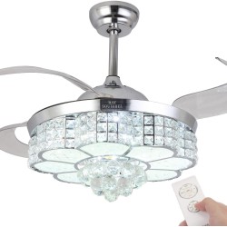 BAYSQUIRREL Crystal Ceiling Fan with Light and Remote LED Modern Retractable Invisible Ceiling Fan 3 Light Change Silent Fan Chandelier 36W Silver 42 inch