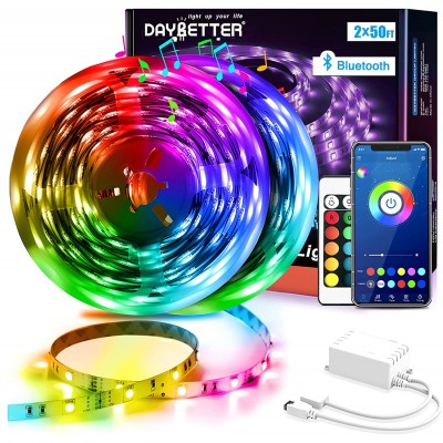 DAYBETTER Led Strip Lights 100ft 2 Rolls of 50ft Smart Light Strips with App Control Remote 5050 RGB Led Lights for Bedroom Music Sync Color Changing Lights for Room Party