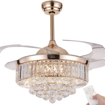 NUTCRUST Retractable Crystal Ceiling Fan 3 Light Change LED Silent Fan Chandelier with Remote Control Modern Invisible Ceiling Fan with Light 36W 42 Inch