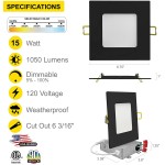 NUWATT 4" Square Recessed LED Ceiling Light 6 Pack Ultra Thin 5-in-1 CCT: 2700K  3000K 3500K 4000K 5000K 630 lumens 120V Dimmable IC Rated w  Junction Box; 9W=50W 65W Equivalent Black Trim