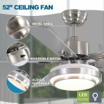 warmiplanet Ceiling Fan with Lights Remote Control 52 Inch Brushed Nickel 5-Blades