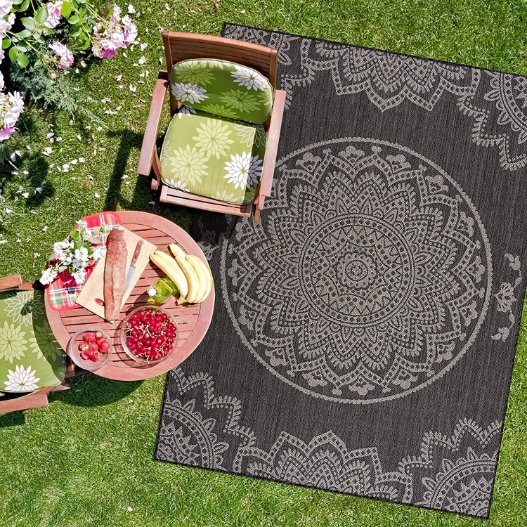 CAMILSON Outdoor Rug Modern Area Rugs for Indoor and Outdoor patios Kitchen and Hallway mats Washable Outside Carpet 8x10 Medallion Dark Grey Light Grey