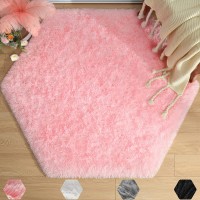 KIXINWA Hexagon Rug for Princess Play Tent 4.6X4FT Plush Rug for Girl Tent Fluffy Area Rugs for Kids Room Carpet for Teen's Room Shaggy Rug for Baby Nursery Room Pink Rugs for Cute Room Decor