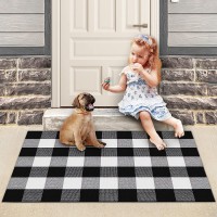 LulusVente Buffalo Plaid Outdoor Rug – 27.5x43in Machine Washable 2.1lbs Hotel Grade Thick Woven Yarn Black White Plaid Check Farmhouse Cotton for Indoor Outdoor Front Porch Runner Layered Doormat