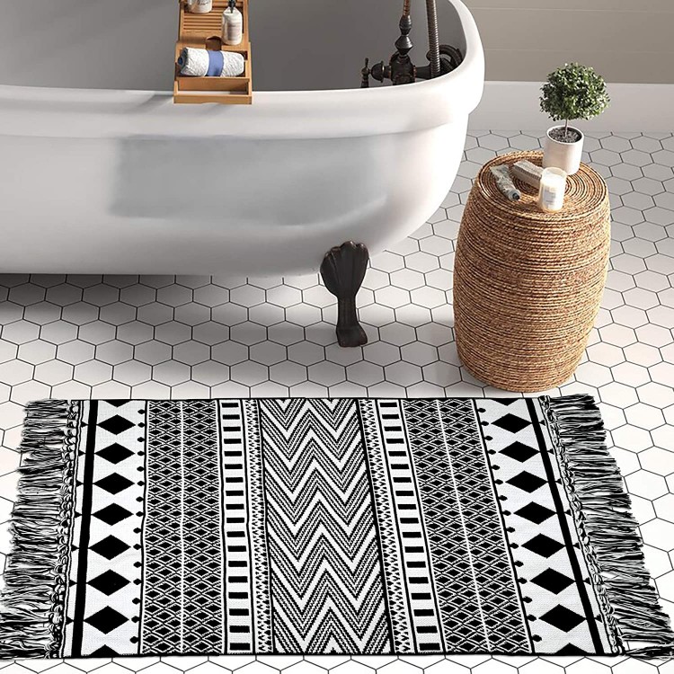 Upgraded Boho Bathroom Rug 2'x3' 100% Woven Geometric Rug for Bedroom Black and White Rug Bohemian Bath Mat Kitchen Rug Washable Cotton Small Throw Rug Tassel Rug for Kitchen Laundry Doorway Porch
