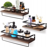 3 Set PRE-Assembled Floating Bathroom Shelves with 2 Towel Bars Wall Mounted Storage Wood Shelf Rustic Decor Accessories for Bathroom Kitchen Bedroom Office Over Toilet Brown