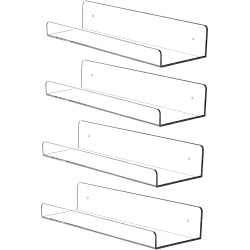 Cq acrylic 15" Invisible Acrylic Floating Wall Ledge Shelf Wall Mounted Nursery Kids Bookshelf Invisible Spice Rack Clear 5MM Thick Bathroom Storage Shelves Display Organizer 15" L,Set of 4