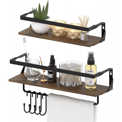 Ditwis Floating Shelves with Rail and Towel Bar for Bathroom Set of 2 Rustic Wall Mounted Storage Shelf for Bedroom Kitchen Including 4 Hooks