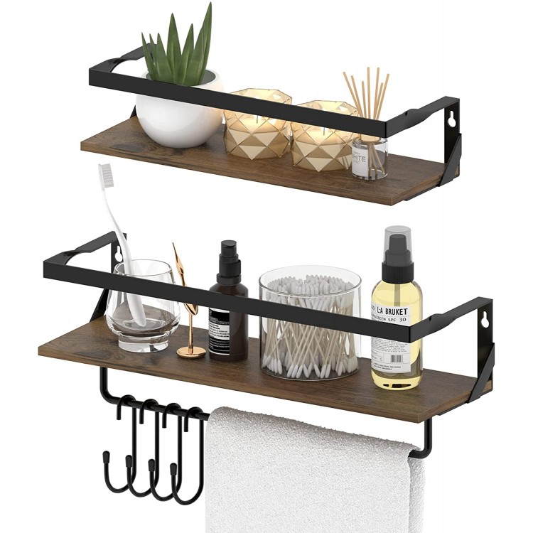 Ditwis Floating Shelves with Rail and Towel Bar for Bathroom Set of 2 Rustic Wall Mounted Storage Shelf for Bedroom Kitchen Including 4 Hooks
