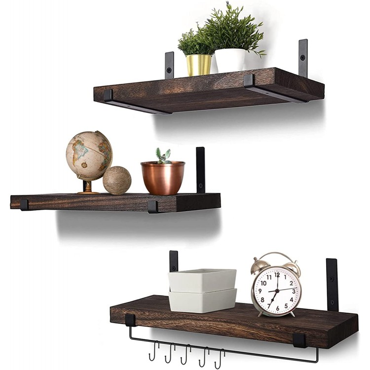 Floating Shelves Wall Mounted Rustic Wood Wall Storage Shelves for Bathroom Bedroom Kitchen Living Room Office and Coffee Bar Wine Bar with Towel Bar and 5 Hooks Set of 3 Brown