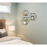 Greenco Geometric Hexagon Shaped Floating Shelves Honeycomb Shelves Home Decor Metal Wire and Rustic Wood Wall Storage Shelves for Bedroom Living Room Bathroom Kitchen and Office – Set of 3