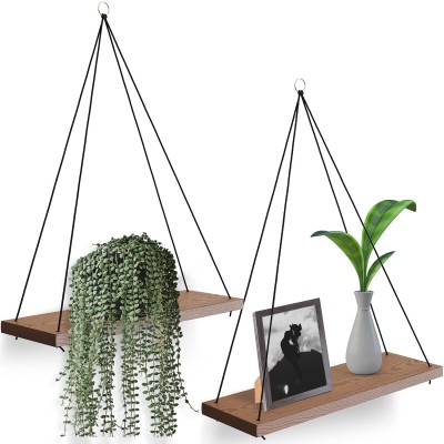 Hanging Shelves for Wall Set of 2 Hanging Plant Shelf Cute Boho Room Decor for Bedroom Bathroom Living Room Rope Farmhouse Wooden Floating Small Bookshelves Window Macrame No Drill Brown