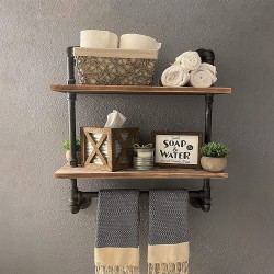 Industrial Pipe Shelf,Rustic Wall Shelf with Towel Bar,24" Towel Racks for Bathroom,2 Layer Pipe Shelves Wood Shelf Shelving