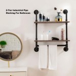Industrial Pipe Shelving,Iron Pipe Shelves Industrial Bathroom Shelves with Towel bar,24 in Rustic Metal Pipe Floating Shelves Pipe Wall Shelf,2 Tier Industrial Shelf Wall Mounted with Hook ROGMARS