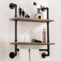 Industrial Pipe Shelving,Iron Pipe Shelves Industrial Bathroom Shelves with Towel bar,24 in Rustic Metal Pipe Floating Shelves Pipe Wall Shelf,2 Tier Industrial Shelf Wall Mounted with Hook ROGMARS
